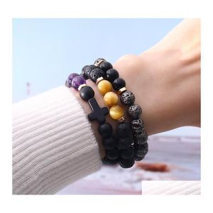 Bärade strängar Natural Stone Bead Cross Charm Armband Handgjorda justerbara svarta matt agatpärlor Elastiska reparmband smycken f ot6wh