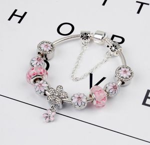925 Sterling Silver Pink Murano Glass Beads Charm Cherry Blossom Bracelet Snake Chain Fit Pandora European Bracelet Jewelry Making6269590