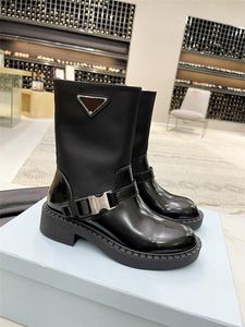 Designer Luxury Womens Brushed-leather and Re-Nylon boots buckle Combat boots Black Leather Rubber Booties With Original box