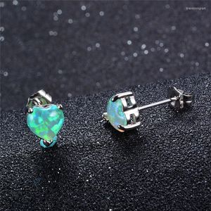 Stud Earrings Vintage Silver Color Heart Wedding Cute Female White Blue Green Opal Boho Small Double For Women