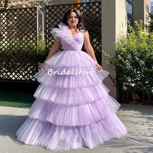 Moda Lilac Cake Ruffles Prom Vestres 2023 A Linev pesco￧o vestido de noite longa mulher elegante e elegante ocasi￣o formal, vestidos de festa vestidos de fei￧a de Fiesta