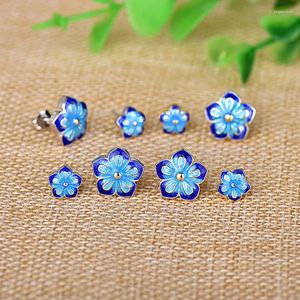 Stud Earrings 7mm/11mm Gold/Silver Plated Blue Beautiful Flower For Women Jewelry Cloisonne Enamel