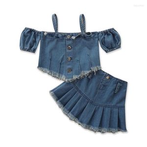 Clothing Sets Summer Girl Set Denim Cotton Blouse Skirt Solid Suits For Kids Fashion Children