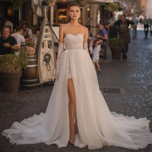 Berta Lace Wedding Dresses Side Split Bridal Gowns With Detachable Train Strapless Neckline A Line Sweep Train Tulle Vestido De Novia