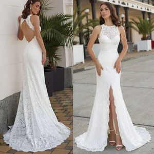 Elegant Full Lace Applique Halter Mermaid Wedding Dress 2022 Custom Sexy Front Slit Backless Bridal Dress