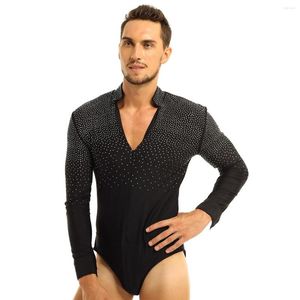 Sahne Giyim erkek Parlak Rhinestones Latin Dans Gömlek Leotard Bodysuit Modern Tango Salsa Rumba Samba Balo Salonu Dans Kostüm Giyim