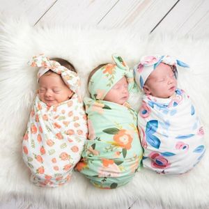Blankets 2Pcs/Set Lovely Eco-friendly Infant Receiving Blanket Floral Print Pography Prop Born Swaddle Headband Set