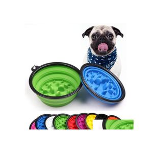 Dog Bowls matare Collapsible Pet Bowl Cat Feeding Slow Food Water Dish Feater Sile Foldbar Choke For Outdoor Travel 9 Colors Dro Otctu