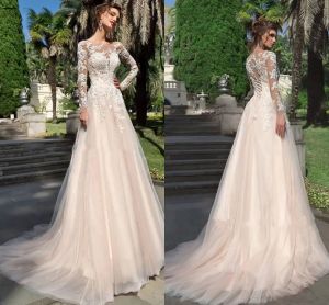 Romantic Lace Wedding Dresses Sheer Long Sleeve Appliques A Line Bridal Gowns Blush Pink Summer Boho Robe de mariage Plus Size 2023