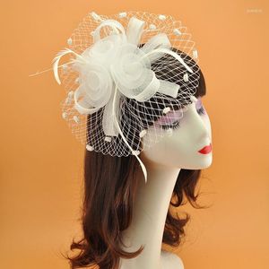Başlıklar Kadın Vintage Gelin Tüy Headdress Kokteyl Partisi Saç Aksesuarları Üst Şapka Elbise Kore Japonya Siyah Beyaz