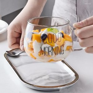 Tazze Tazza da caffè in vetro trasparente da 350 ml Lettera creativa Bevande stampate Dessert Colazione Tazza da latte Maniglia Bicchieri