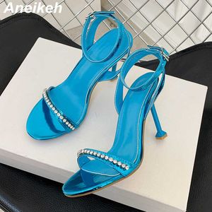 Sukienka Buty Kapcie Aneikeh Summer 2023 Seksowne sandały wysokie obcasy Glitter Sequin Stiletto Obcinane Pasek kostki Pumps Pumps Prom 35-42 Blue Green 221213