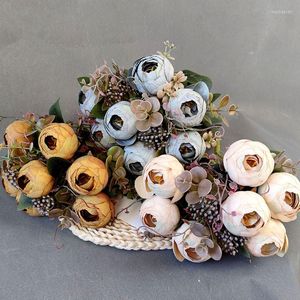 Dekorative Blumen, ein Kamelien-Blumenstrauß, künstlich, 9 Stiele/Blumenstrauß, Herbstfarbe, Teerose, Fluer, 39 cm, für Hochzeits-Mittelstücke, Blumenmuster