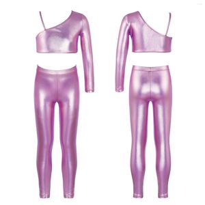 Clothing Sets Kids Girls Sports Outfits Gymnastics Workout Long Sleeves Shiny Metallic Crop Tops With Pants Set Sportswear Fitness Suits