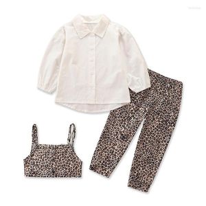 Conjuntos de roupas Conjunto de garotas de outono 3pcs Blusa branca Faixa de calças para crianças roupas de moda infantil