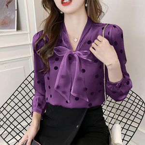 Kvinnors T-skjortor Polka Dot Chiffon Shirt Women's Spring Autumn Korean Fashion Slim V-halsbåge Ribbon Long Sleeve Pullovers Blus