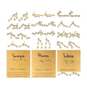 Stud 12 Constellations Metal Diamonds Earrings Sier Gold Zodiac Sign Earring Jewelry With Gift Card Drop Delivery Otihm