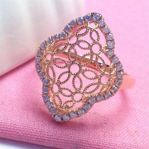 Cluster Rings 585 Purple Gold 14k Rose Wide Flower Exquisite Exaggerated Romantic Diamond Hollow Out Design Adjustable Women's Ring