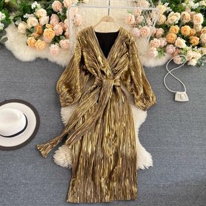 Casual Dresses Solid Yellow Women Korean Fashion Woman Dress Long A-Line Autumn Spring Elegant Luxury High midje Party Hylsa 2022