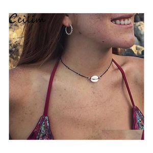 Pendant Necklaces Natural Summer Beach Shell Choker Necklace Black Rope Chain Woven Sier Color Beads For Women Accessories Jewelry D Ot4H1