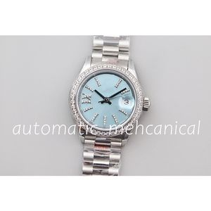 Fashion Womens Watch 28mm Ice Blue Dial Datejust Ref.279136 Diamond Bezel Top-Quality White Gold Stainless Steel Band Automatic Lady Wristwatch Gift