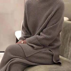 Women's Two Piece Pants Autumn Winter Basic Knitted Women Home Suit Loose Solid Color Sweater Pullover Wide Leg 2 Pieces Set Female Clothing