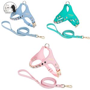 Dog Collars Leashes Luxury 3/Set Dog Harness and Leash Rhinestone PU Leather Adjustable Cat Dog Collar Chest Strap Pet Rope Accessories Supplies T221212