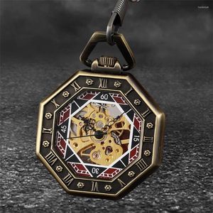 Pocket Watches Octagon Shaped Bronze Manual Mechanical Watch Carved Roman Numerals Display Open Face Hand Winding Pendant Antique Clock