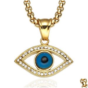 Pendant Necklaces Turkish Blue Eye Necklace Gold 316L Stainless Steel Evil Eyes Chains For Women Fashion Crystal Rhinestone Mens Luc Dhwm8