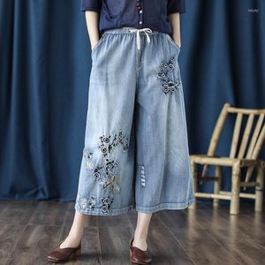 Ethnic Clothing Chinese Style Women'S Jeans 2022 Vintage Denim Trousers Womens Embroider Pants Wide Leg 10370