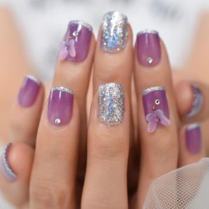 False Nails Butterfly Nail Art Tips Lavender Purple Mix Glitter French Style Fashion Fake Short Pärlor Designade
