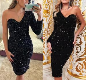 Black Sequined Mini Short Cocktail Dresses Sheath One Shoulder Bodycon Slim Party Prom Wears Knee Length Sexy Night Midi Evening Gowns