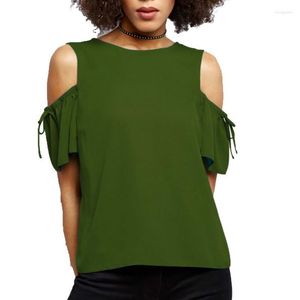女性用Tシャツ2022夏のシフォンオフショルダーOネックソリッドグリーンカラーティープラスサイズ5xl 6xl女性シャツ半袖トップ