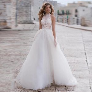 Wedding Dress Beach Halter Neckline Dresses A Line Tulle 2022 Lace Appliques Beaded Sleeveless Floor Length Turkey Eleagnt Bridal Gown