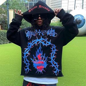 Retro y2k svart abstrakt tryck zip-up hoodie herrgotisk stil l￶s l￥ng￤rmad tr￶ja high street hip-hop