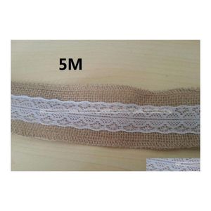 Dekoracje świąteczne Hurtowa 5m naturalna juta Burlap Hessian Ribbon z koronkowymi listami taśma Rustykalny wystrój ślubny 41114006 Drop Gelive OTM7O