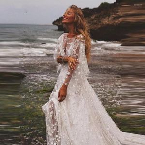 Wedding Dress Sparkling Glitter Stars Beach Boho Lace Beads Long Sleeves Romantic Bohemian Bridal Gowns Fairy Robe De Mariee