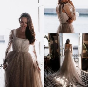 Champagne princess a-line Wedding Dresses Sequined Court Train Glitter Lace Up Back Buttons Open Back bridal gown with sleeve warp