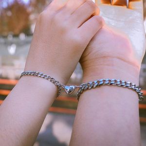 Link Bracelets Fashion Punk Silver Color Chain Couple Bracelet For Women Stainless Steel Romantic Heart Magnet Men Paired Things Jewelry