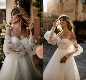 Romantic Beach A-Line Wedding Dresses Spaghetti Straps Tulle Backless Pearls Long Sleeves Open Back Boho Pleats Sweep Train Bohemian Bridal Gowns Custom Made