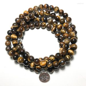 Strand 8mm Natural Tiger Eye Stone Elastic Cord Wrap Armband 108 MALA Prayer Pärlor Yoga smycken japamala radband för män och kvinnor