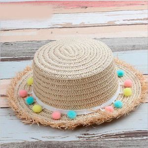 Hats Cute Sweet Child Girls Straw Sun Hat Kids Large Brim Beach Summer Small Ball Round Flat Top
