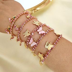 Link Bracelets Flatfoosie Bling Cherry Butterfly Crystal Charm For Women Pink Crown Rhinestone Chain Bangles 2022 Trendy Jewelry