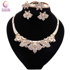 Women's Gold Plated Jewelry Set Fashion Flower Shape Jewelry Necklace Earrings Bracelet Ring For Wedding Party