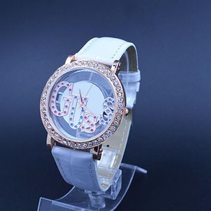 Modeklockor Women Girl Crystal Style Dial Leather Strap Quartz Watch 02184L
