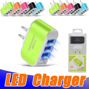 LED 3 USB -порты Адаптер Адаптер Travel Smart Mobile Phone Device 5V 3.1A быстрая зарядка EU US Plug Adpaters с розничной упаковкой для iPhone iPad Xiaomi