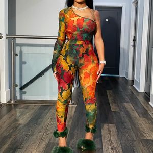 Women's Jumpsuits & Rompers 2022 Women One Shouder Long Sleeve Snakeskin Printed Bodycon Sexy Jumpsuit Romper Elastic Club Sportswear Oversi