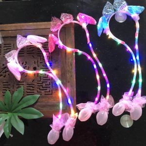 Party Hats Luminous rabbit ear headband new sequin ear net red bow knot air pinch up flash children's gifts