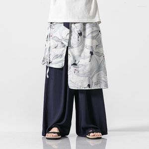 エスニック服は男性のための中国スタイルの伝統的な服をゆるめる綿のワイドレッグパンツ日本着物オリエンタルプリントズボンファッション