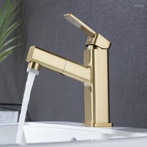 Badezimmer-Waschtischarmaturen, Wasserhahn, Duschkopf, gebürstetes Gold, ausziehbares Waschbecken, Kalt- und Wasserhahn, Einhandgriff, Deckmontage, Schwarz